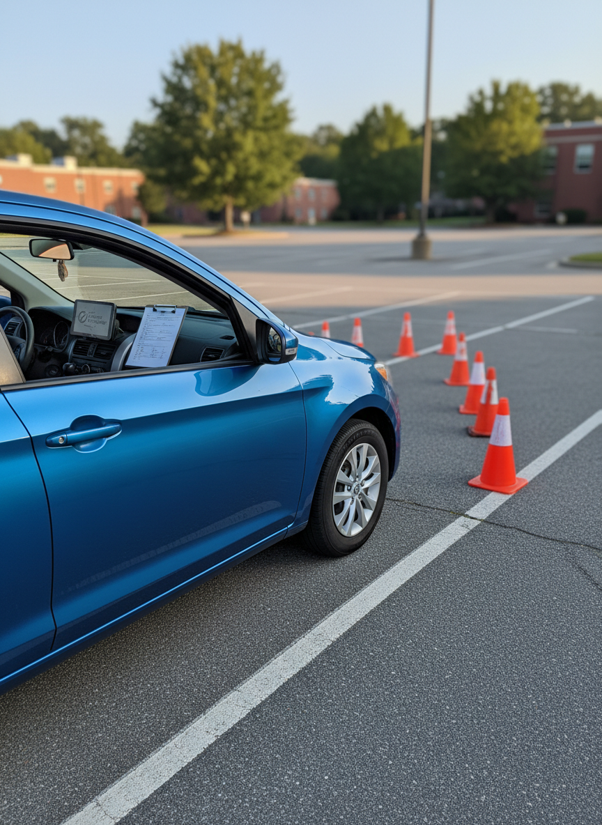 A shiny compact training car with dual-control pedals visible from the driver’s side, parked neatly within clearly painted white lines of an empty Chesapeake, Virginia parking lot. Orange traffic cones are arranged in a precise slalom pattern in front of the car, with a laminated clipboard and digital tablet resting on the dashboard to suggest certified instruction. Soft late-morning natural light creates gentle reflections on the car’s metallic blue surface and subtle shadows from the cones. Photographed at eye level in realistic, photographic detail, with a slightly blurred background of green trees and low brick buildings, the mood is calm, professional, and focused on safe driving practice in a controlled environment.