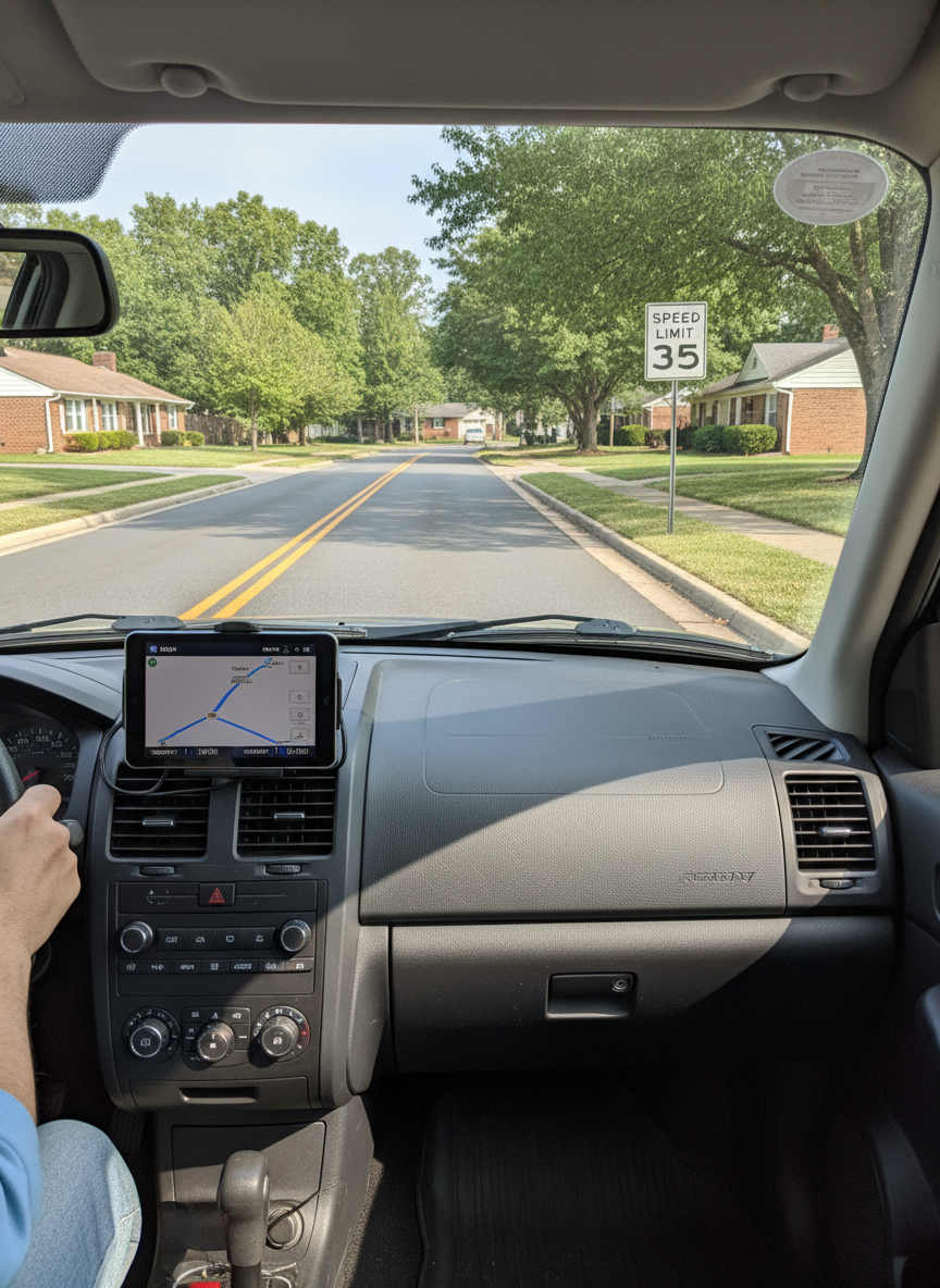 Inside a training car, the camera looks over the driver’s shoulder position, focusing on the windshield view of a clearly marked Chesapeake suburban road with visible lane markings, a speed limit sign, and a gentle curve ahead. The dashboard shows the speedometer at a safe, moderate speed, and a small mounted device displays a route outline and timed intervals suggesting structured lesson periods. Soft, bright daylight creates crisp shadows along the road edges and subtle reflections on the dashboard. Photographic realism captures a calm, attentive mood, emphasizing safe, real-world practice driving environments ideal for both teens and adults building confidence behind the wheel.