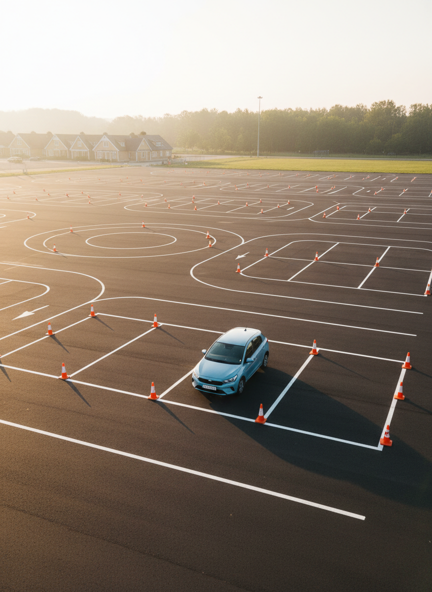 A wide, photographic shot of a spacious practice area marked with bright white lane lines, directional arrows, and orange cones laid out in patterns for parallel parking, three-point turns, and lane changes. A compact sedan sits centered in the frame, perfectly aligned within a mock parking space. Golden hour sunlight washes across the asphalt, creating long, soft shadows from the cones and car, while a faint outline of Chesapeake-style low buildings and trees frames the horizon. The camera is slightly elevated, capturing the full layout of the training course, with a clear, organized, and professional mood that highlights structured, safe driving instruction.