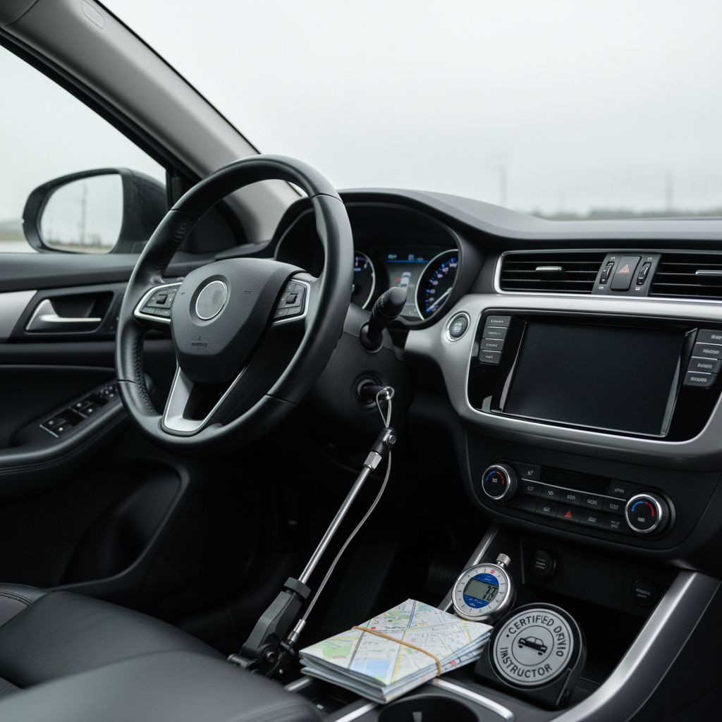 A modern driving instructor’s workspace inside a clean vehicle, showing the steering wheel with an attached additional instructor brake pedal and a neatly organized center console holding a stopwatch, folded route maps, and a small certification badge. The dashboard glows softly with illuminated gauges, while overcast daylight filters through the windshield, creating diffused reflections on the smooth black and gray interior textures. Shot from the passenger side with a shallow depth of field in photographic realism, the composition emphasizes the professional tools and safety-focused setup, conveying a serious yet supportive training environment for new and improving drivers.