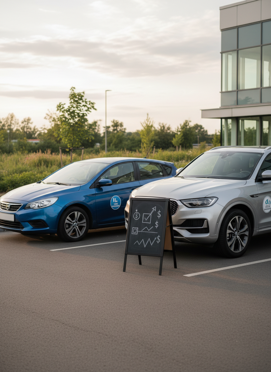 Two cars of different sizes, a compact sedan and a midsize vehicle, are parked side by side in a tidy lot, each displaying subtle visual hints of different lesson types, such as a small magnetic icon on one indicating teen beginners and another suggesting advanced skill refinement. A portable chalkboard-style stand nearby shows abstract symbols representing variable pricing without readable text. The scene is lit by soft, diffused late-afternoon light under light cloud cover, with realistic, photographic detail. Shot from a three-quarter angle, the composition suggests choice and flexibility, conveying the idea that lessons and costs can adjust based on experience and fuel needs while maintaining a professional, trustworthy atmosphere.