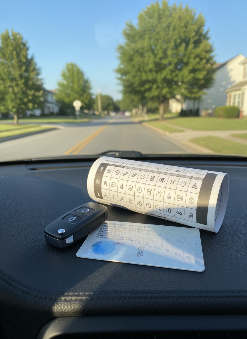 A close-up, photographic view of a pristine Virginia learner’s permit resting on a dark, textured car dashboard next to a key fob and a neatly rolled-up schedule sheet labeled with seven days and fourteen training periods represented by non-text symbols and icons. Warm afternoon sunlight streams through the windshield, casting soft highlights along the card’s edges and gentle shadows on the dash. The background shows a slightly out-of-focus suburban Chesapeake street with clear lane markings and lush trees, creating a hopeful, milestone-celebration mood that emphasizes the journey toward earning a first driver’s license.